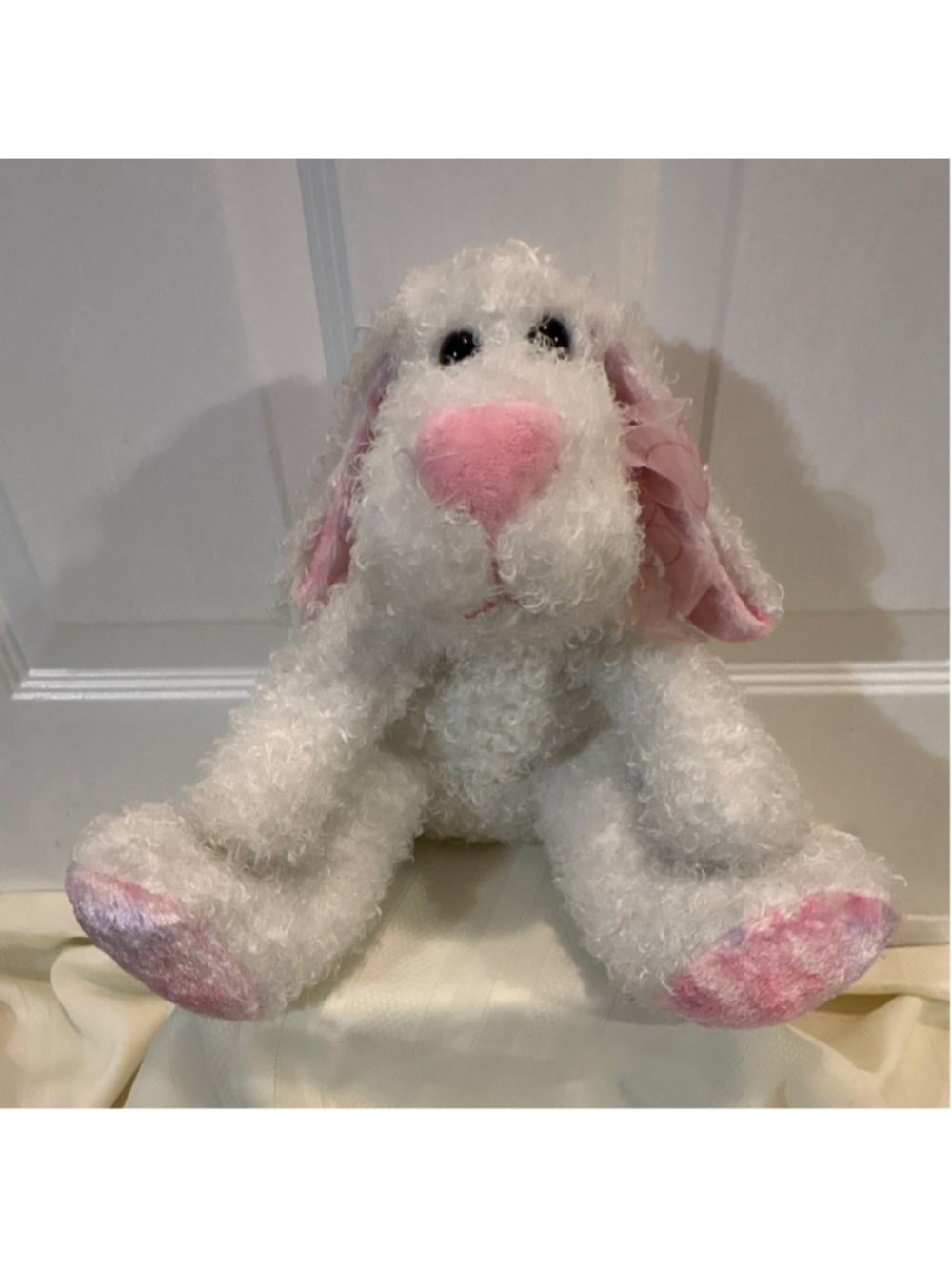 Medium White and Pink Dog Stuffed Plush Bean Bag Toy, 14-24 in
